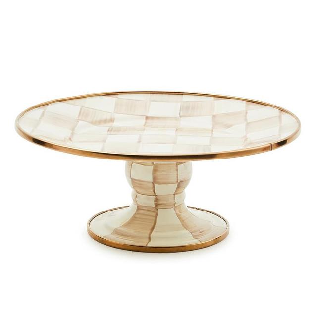 MACKENZIE-CHILDS Enamel Pedestal Platter, Round Cake Stand, Large, Brown-and-White Mocha Check