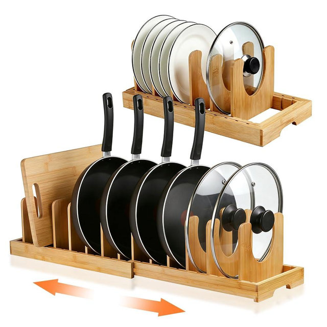 MISTOD Bamboo Pots and Pans Organizer under Cabinet, Expandable Pot lid Holder Rack and cutting board organizer, Adjustable Bakeware Cookie Sheet Tray for Kitchen Storage