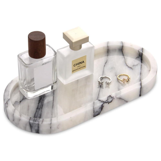 Natural Marble Tray Oval, Bathroom Vanity Tray for Countertop, Elegant Stone Decorative Organizer for Perfume, Jewelry, Home Decor (1, Lilac, 10 x 5 x 0.6)