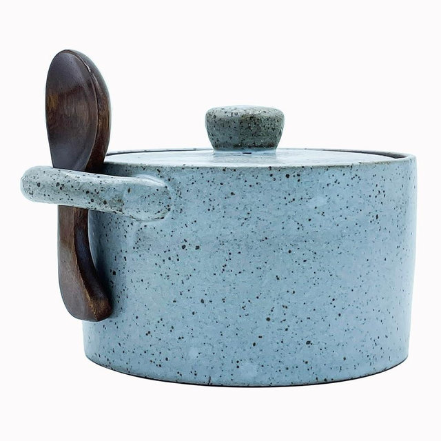 YILUSHENGHUA 12 oz Ceramic Salt Cellar with Lid & Wooden Spoon,Countertop Salt Container,Sugar Bowl,Spices Jar| Artisan Kitchen Decor(Gray)