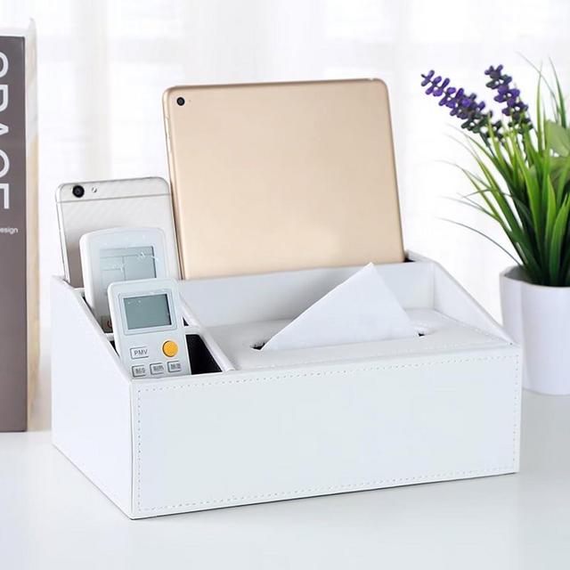 Leather Tissue Box Cover Desk Organizer Rectangular Multifunctional Tissue Holder Remote Control Holder White PU Leather Desktop Tissue Storage Box with Compartments for Home Office