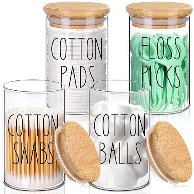 4 Pack Qtip Holder with Lid Set, 10oz Clear Glass Canister Apothecary Jars Bathroom Organizers and Storage Accessories Vanity Essential Containers for Cotton Swab, Cotton Ball, Cotton Pads, Floss Pick