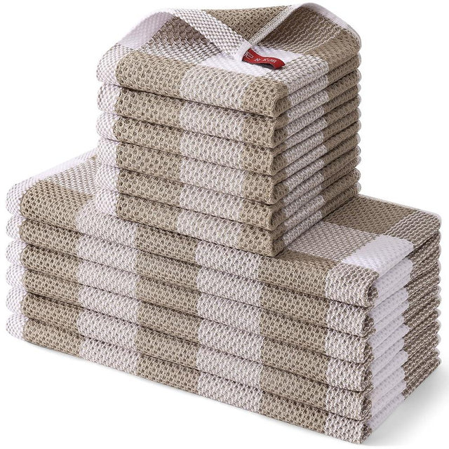 Homaxy Kitchen Towels and Dishcloths Set, 12 x 12 and 13 x 28 Inches, Set of 12 100% Cotton Waffle Weave Check Plaid Kitchen Dish Towels, Super Soft and Absorbent Dish Cloths, White & Khaki