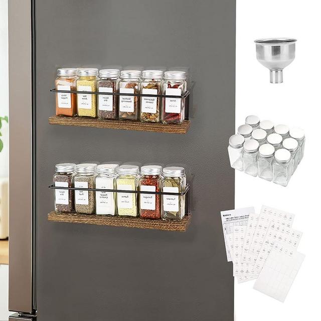 KitHero Magnetic Spice Rack Organizer with 12 Jars, 216 Labels, 1 Steel Funnel for Refrigerator，Microwave Oven - Full Set of Seasoning Organizer, Kitchen Gadgets