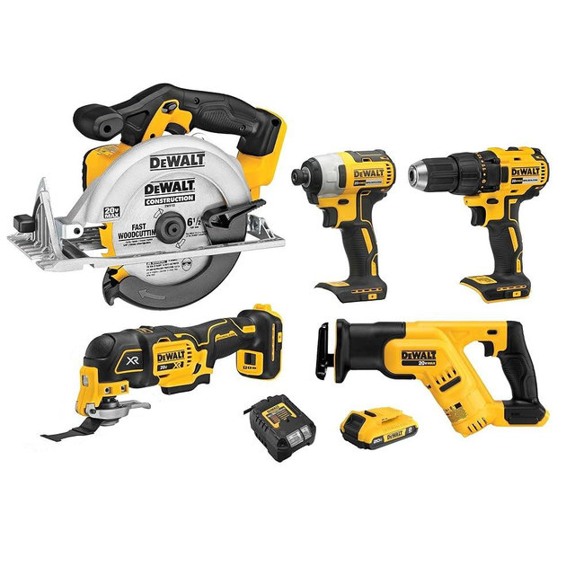 DEWALT 20V MAX 5-Tool Power Tools Combo Kit, Includes 1/2 Cordless Drill,1/4 Impact Driver, Reciprocating Saw, Circular Saw, Oscillating Tool, 5Ah Battery and Charger (DCK540D1)