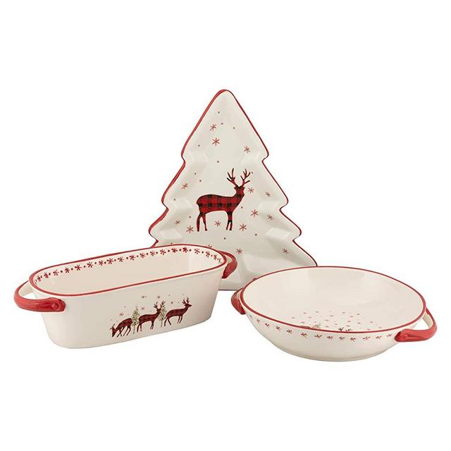 10 Strawberry Street Bake/Serve Set Buffalo Check Reindeer, 3 Piece, Red