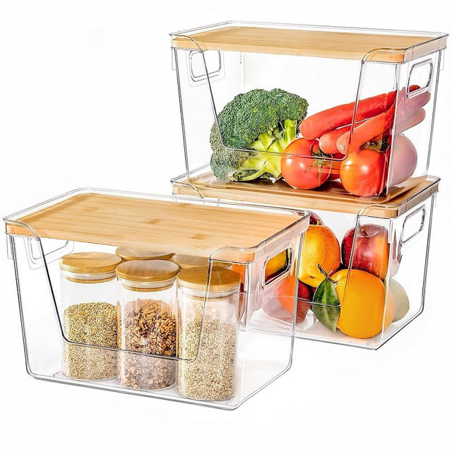Criusia 3 Set Pantry Organizers and Storage with Bamboo Lids, Stackable Clear Bins for Onion, Potato, Fruit, Vegetables, Trash Bag Dispenser, Kitchen and Under Sink Organizer