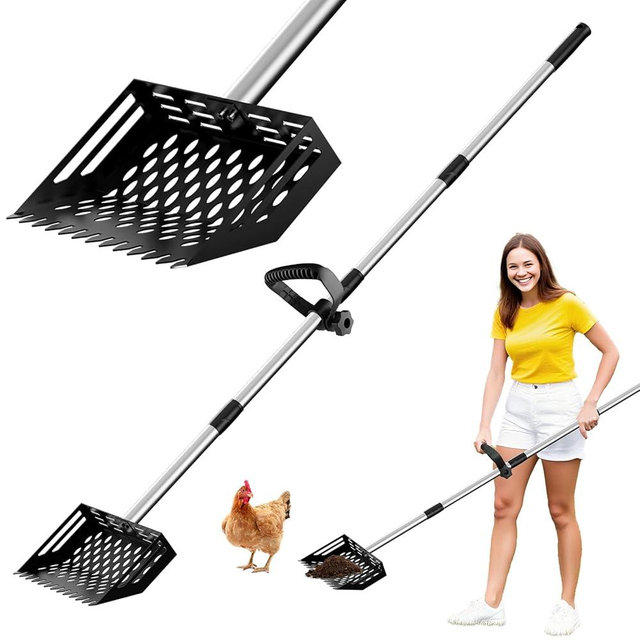 2-in-1 Chicken Poop Scooper & Rake,10" Wide Metal Sand Sifting Shovel with Grip,Chicken Pooper Scooper for Poop Shavings,Litter Scooper for Chicken Coop Accessories,Adjustable Handle (24" to 66")
