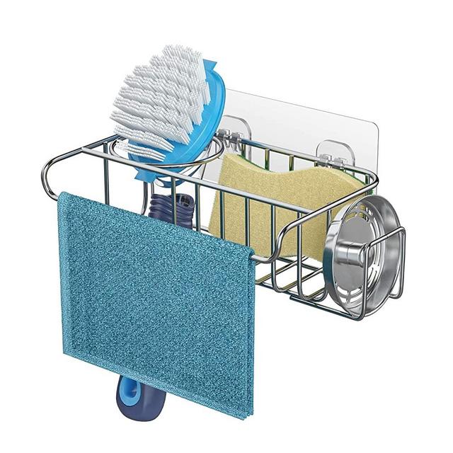 4 in 1 Sponge Holder Sink Caddy, SUS304 Stainless Steel Sink Basket Brush Holder + Dish Cloth Hanger + Soap Rack + Sink Stopper Holder with 2 Installation Ways, No Drilling