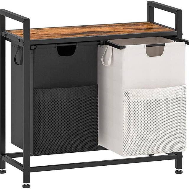 Aowos Laundry Basket, 112L Large Double Laundry Hamper, Freestanding Laundry Sorter Organizer 2 Section with Top Shelf & 2 Removable Washable Bags & Side Pockets for Dorm, Rustic Brown and Black