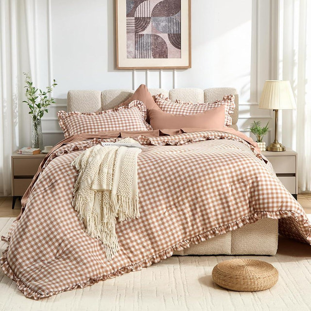 BDEUS 7 Pieces Gingham Ruffle Comforter Set Queen Size, Brown Grid Tartan Bedding Set, Soft Breathable Fabric Comforter with Flat Sheet, Fitted Sheet, 2 Pillowcases & 2 Shams, 88"X88"