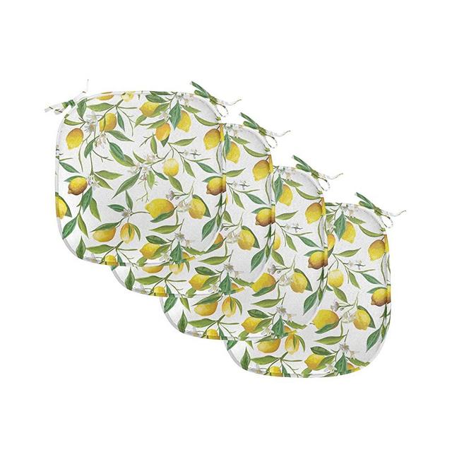 Ambesonne Nature Chair Seating Cushion Set of 4, Lemon Romance Theme Citrus Printed Drawing, Seat Pads for Office and Kitchen Dining Room Table with Anti-Slip Backing, 16"x16", Fern Green Yellow White