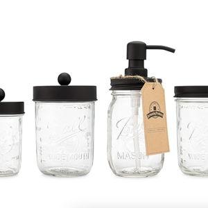 Jarmazing Products Ball Mason Jar Bathroom Gift Set (4 pcs) - Lotion/Soap Dispenser, Toothbrush Holder, Q-Tip Storage Jars - Farmhouse Home Decor for Vanity Organization - Luxury Accessories - Black
