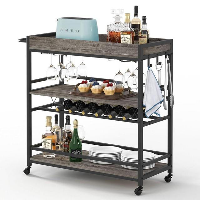 BON AUGURE Bar Cart, Home Bar Serving Cart on Wheels, Mobile 3 Tier Liquor Beverage Cart with Wine Rack and Glass Holder, Grey Oak