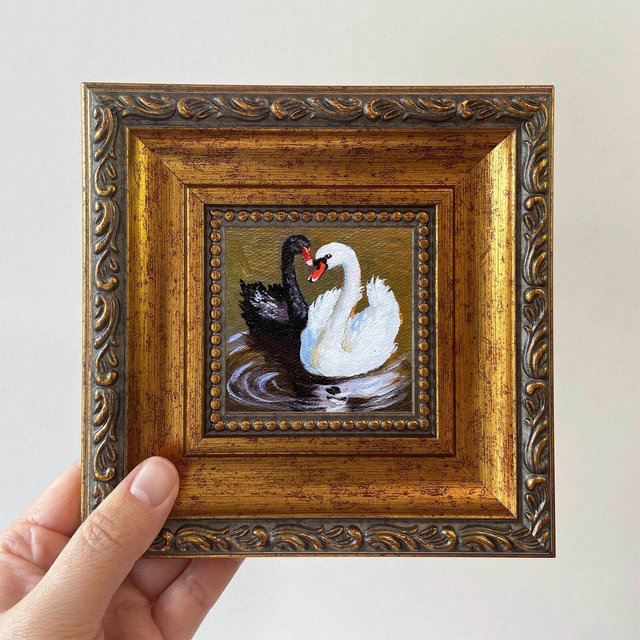Handcrafted Swan Miniature Oil Painting - Gold Frame, Animal Art, Small Wall Decor