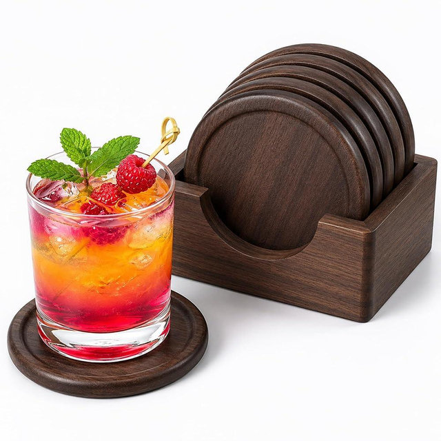 Mu&Ti 6 Pcs Walnut Wood Coasters for Drinks with Holder, Wooden Drink Coasters for Coffee Table, Modern Coaster Set for Home, Office, Kitchen and Bar