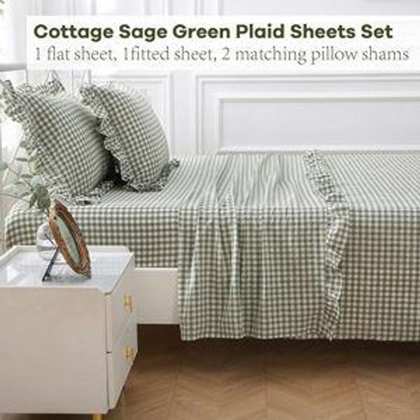 Sage Green White Plaid Ruffle Sheets King Size 4-Piece Set, 300TC 100% Yarn Dyed Cotton Sheets 18 in Deep Pocket Gingham Decorative Bed Set (Sage Green/White Plaid, King)