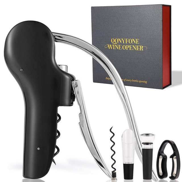 QONYFONE Wine Bottle Corkscrew Opener, Vertical Lever Corkscrew 5-Piece Set, Manual Vertical Design, Includes Wine Foil Cutter, Extra Spiral, Wine Pourer and Wine Stopper, Elegant Gift Box, Black