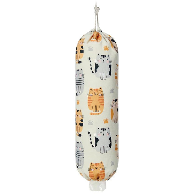 LeCorner Plastic Bag Holder, Reusable Grocery Bag Holder for Plastic Bags Groceries Store, Flower Canvas Trash Plastic Bag Organizer Storage Holders for Home Kitchen Pantry Decor (Pretty Cat)