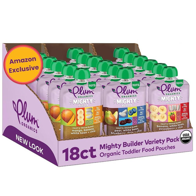 Plum Organics Variety Pack, 12+ Months – Toddler’s Flavor Expedition – Mighty Builder Organic Fruit & Veggie Pouches – 4 oz Pouch, Pack of 18 (Amazon Exclusive)