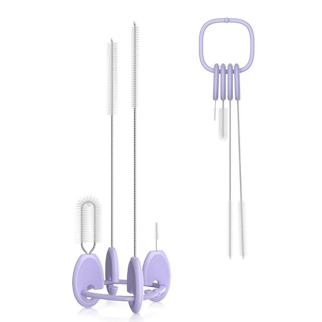 YOTIME 4in1 Straw Cleaner Brush Set, Reusable Standing Straw Brushs with Holder Ring, for Wide and Narrow Straws, Tumblers, Water Bottles and Cups, Purple
