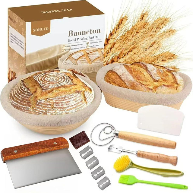 Banneton Proofing Basket Set, 9" Round and 10" Oval Sourdough Bread Baking Supplies, Sourdough Baskets with Bread Lame, Danish Whish, Bowl Scraper, Sourdough Scraper, Complete Sourdough Starter Kit