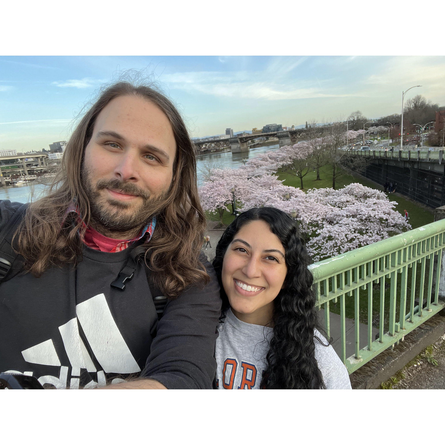 Our second picture! Enjoying cherry blossoms on the Portland waterfront