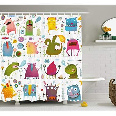 Ambesonne Funny Decor Collection, Cute Cartoon Monsters Kids Design "Let's Dance" Groovy Fun Creatures in the Garden Boho Decor, Polyester Fabric Bathroom Shower Curtain Set, 75 Inches Long, Multi