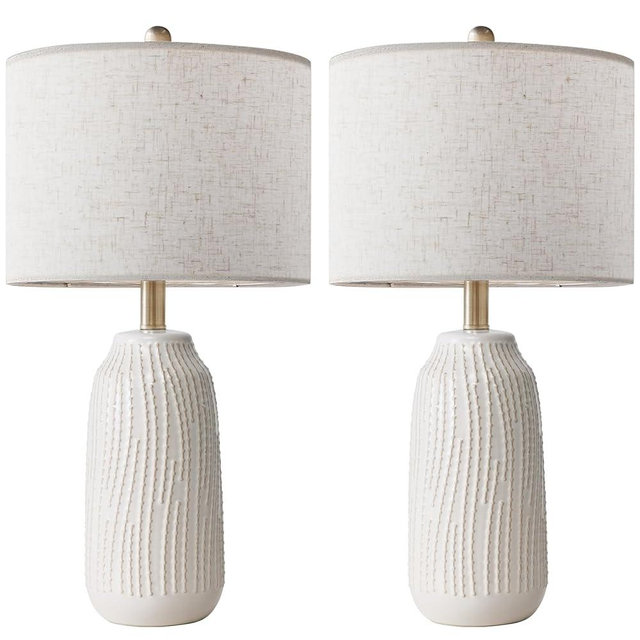 23" Ceramic Table Lamp Set of 2, 3-Way Dimmable Ceramic Table Lamp for Bedroom Farmhouse Bedside, Wicker White Desk Lamps Office Reading Lamp | Lamp for Living Room, Desk, LED Bulb Included