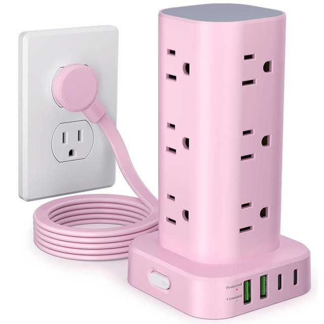 Power Strip Tower with Multiple Outlets, Flat Plug Surge Protector Tower Extension Cord with 12 AC Outlets 4 USB Ports (2 USB C), 6FT Cord Power Tower Surge Protector for Home Office Dorm Room, Pink