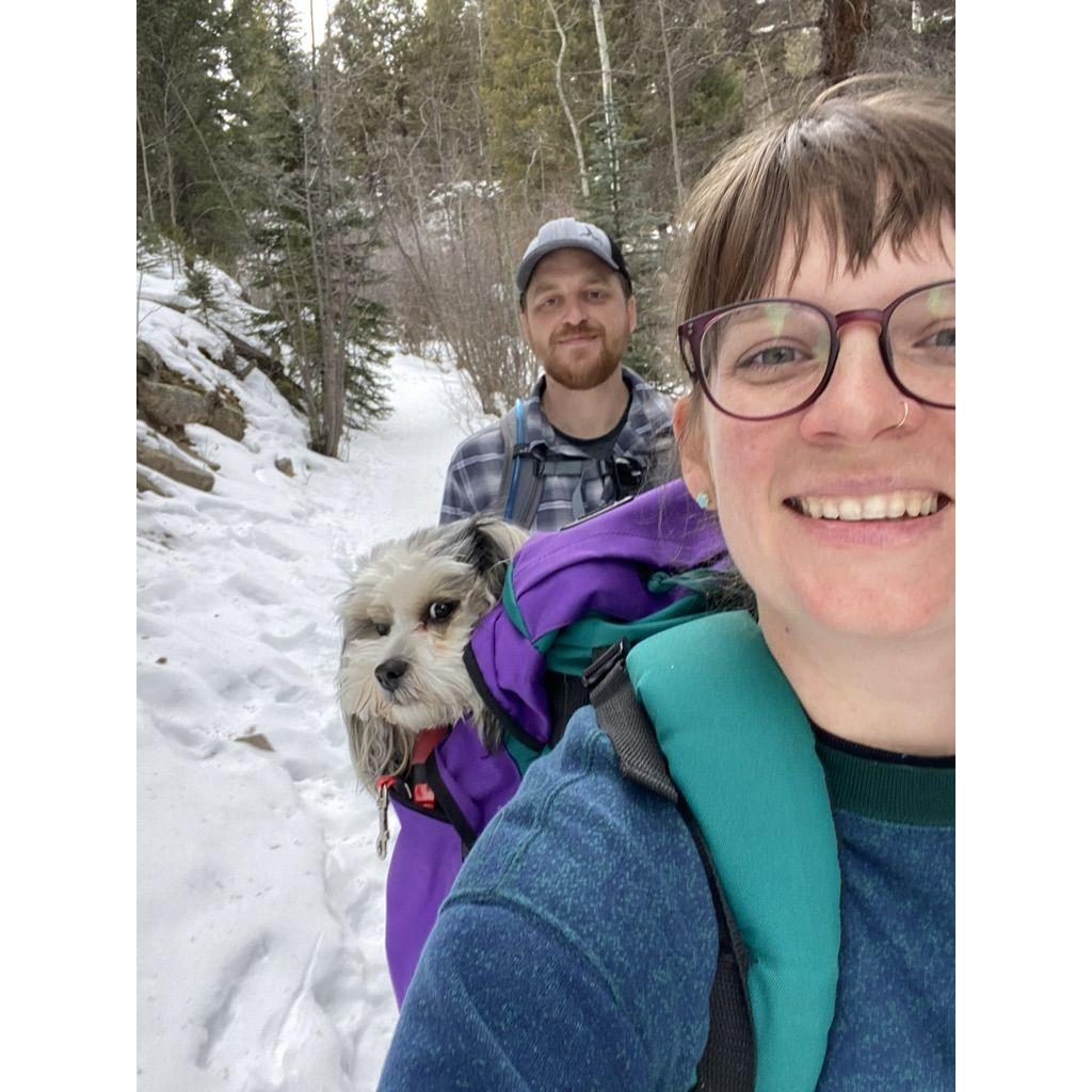 Our first hike together! Chew got cold in the snow, so he was happy to hang in the backpack haha