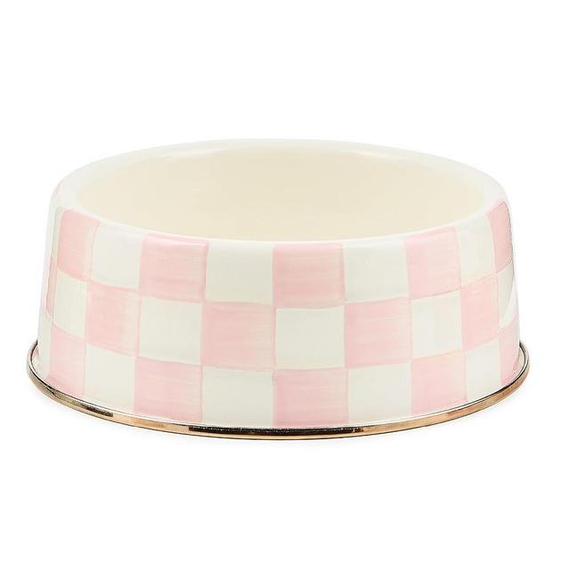 MACKENZIE-CHILDS Enamel Pet Bowl, Cute Cat and Dog Bowl for Food and Water, Large, Pink-and-White Rosy Check