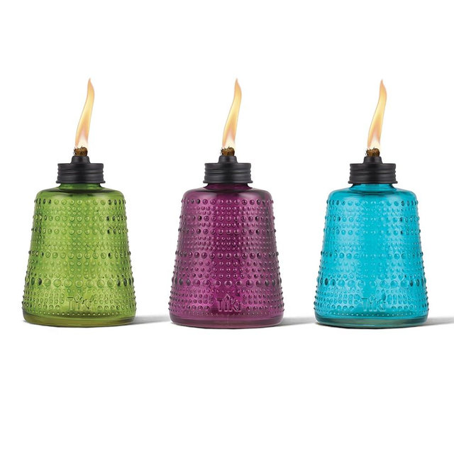 TIKI Carnival Glass Tabletop Torches, 3-Pack – Decorative Outdoor Tabletop TIKI Torches for Patio, Backyard & Garden – Portable Glass Flame Torches for Outdoor Lighting, Blue, Green & Purple, 6-Inch