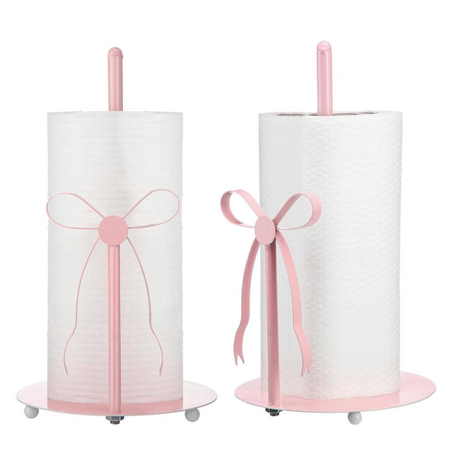 Honeydak Pink Bow Paper Towel Holder Coquette Cute Metal Pink Kitchen Decor Accessories Large Trendy Tissue Towel Holder Stand for Countertop Bathroom Kitchen Home