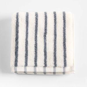 Cotton Hand Towel - Pampas Ivory and Evening Blue Striped | Crate & Barrel