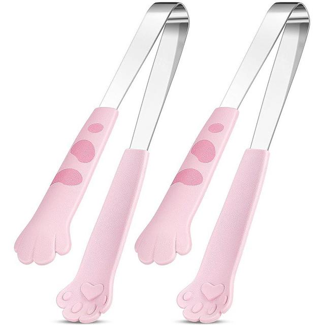Cat Tongs 7 Inch Food Clips Kitchen Tongs Cat Paw Shape Tongs Stainless Steel Cooking Tongs for BBQ Cooking Grilling Sweets, Sugar (2, Pink)