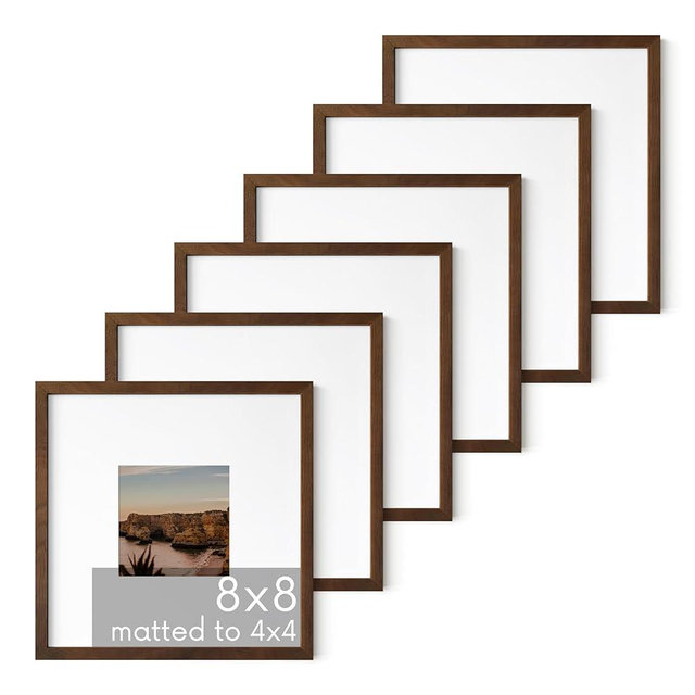 HAUS AND HUES Walnut Square Frames 8" x 8" Matted to 4" x 4" - 8"x8" Square Gallery Wall Frame Set Ideal for Home, Office (8x8 in, Walnut, Set of 6)