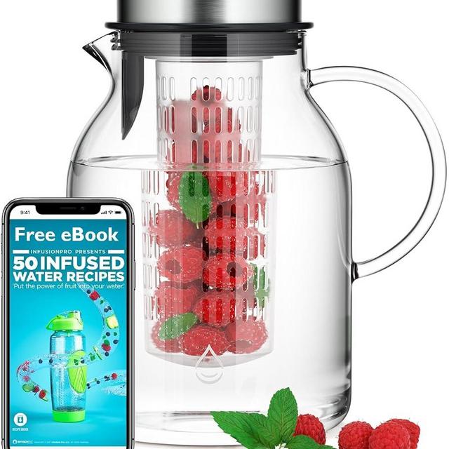 Infusion Pro Glass Fruit Infuser Water Pitcher, Heat Resistant for Hot/Cold Use, Great Iced Tea Pitcher | Tranquil Collection, 2 Qt