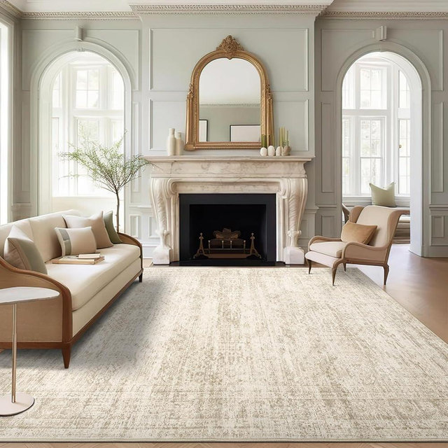 Soalmost 9x12 Area Rugs for Living Room, Non Slip Machine Washable Vintage Rugs, Low Pile Lightweight Large Rug for Bedroom, Dining Room, Home Office Beige