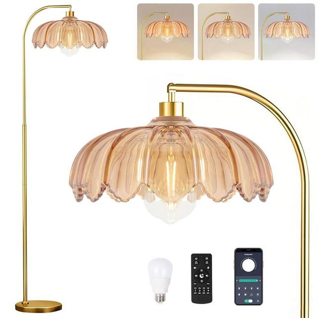 QIYIZM Gold Floor Lamp Dimmable Standing Lamp with Remote,Brass Tall Lamp Mid Century Modern Retro Glass Vintage Green Lamp Floor Light Boho Bohemian for Living Room,Bedroom