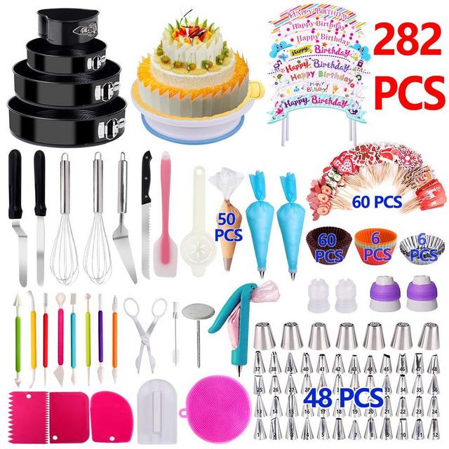 Cake Decorating Supplies 2019 Upgrade 282 PCS Baking Set with Springform Cake Pans Set,Cake Rotating Turntable,Cake Decorating Kits, Muffin Cup Mold, Cake Baking Supplies for Beginners and Cake Lovers