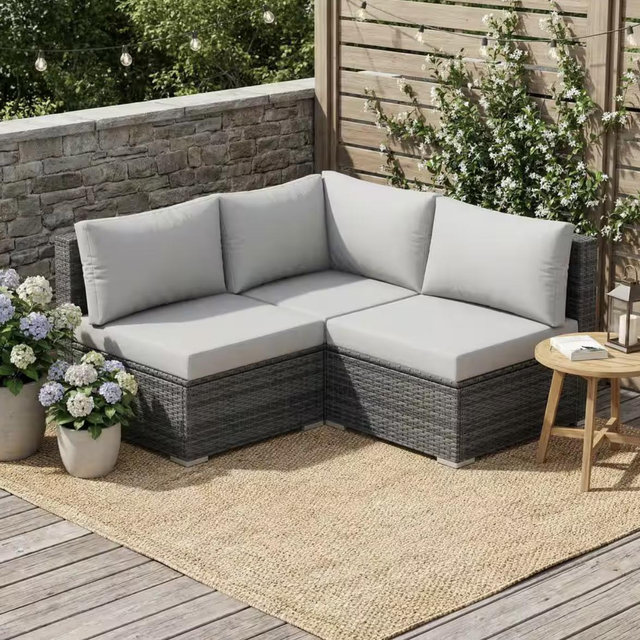 FINCATI 3-Piece Gray PE Wicker Outdoor Couch Oversized Patio Sofa Sectional with Light Gray Cushion HD-SF-LG-GRT-120000