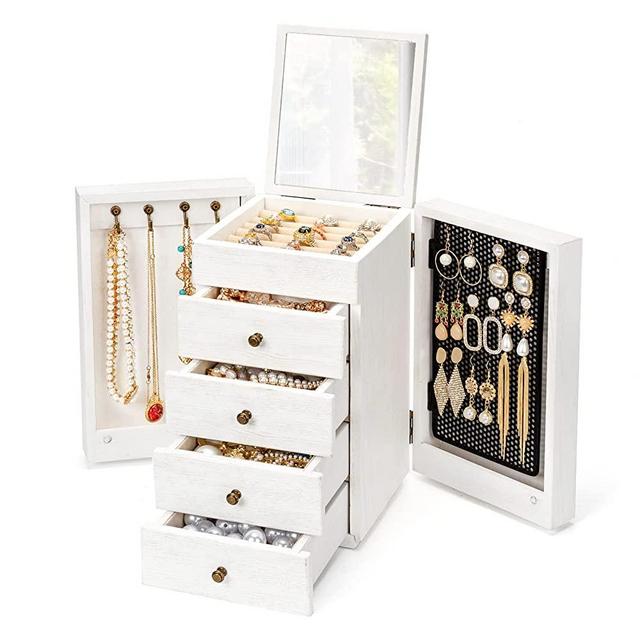 Meangood Jewelry Box Wood for Wowen, 5-Layer Large Organizer Box with Mirror & 4 Drawers for Rings, Earrings, Necklaces, White