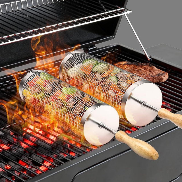 Rolling BBQ Basket for Outdoor Grill: Barbecue Smoker Grilling Baskets for Vegetable, Unique Birthday Christmas Gifts for Men Dad Husband 2pcs