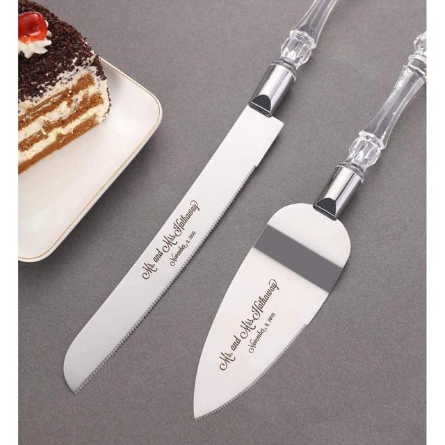 Personalized Wedding Cake Knife & Server Set Bride Bridal Brides Weddings Party Parties Cakes Pie Serving Crystal Glass Custom Engraved