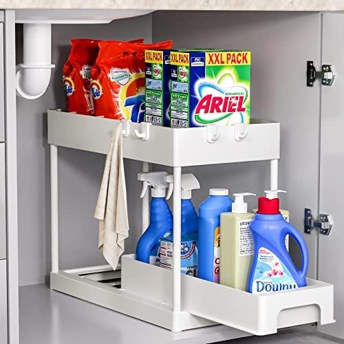 GODDSEVOES Under Sink Organizers and Storage Pull Out Sliding Drawers,2 Tier Under-Sink Organizers with Sliding Drawer 4 Hook, Black Under Sliding Cabinet Basket Organizer for Bathroom/Kitchen（White）