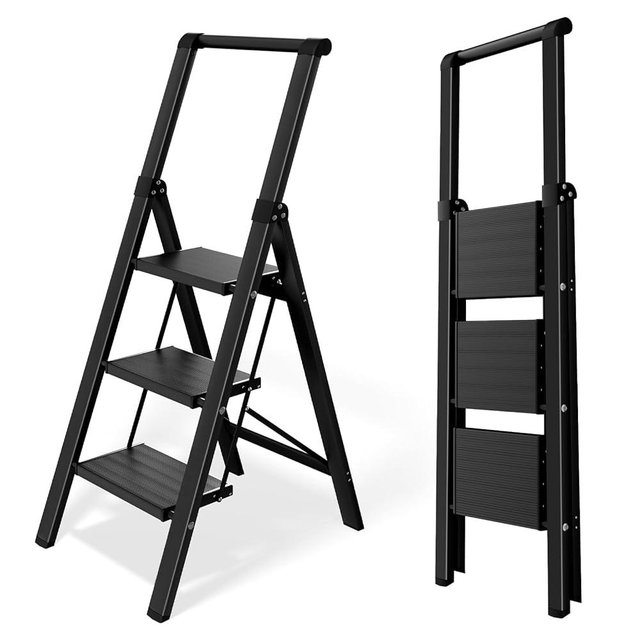 Taranta Step Ladder 3 Step Folding,Lightweight Portable Step Ladder with Anti-Split Pedal,Ladders with Convenient Handgrip,Aluminum Step Stool for Library, Home, Kitchen - Black