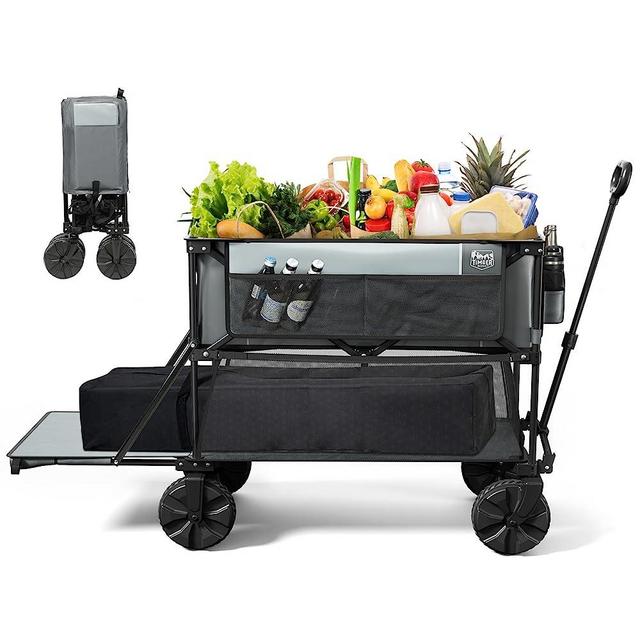 TIMBER RIDGE Folding Double Decker Wagon, Heavy Duty Collapsible Wagon Cart with 54" Lower Decker, All-Terrain Big Wheels for Camping, Sports, Shopping, Garden and Beach, Support Up to 225lbs, Gray