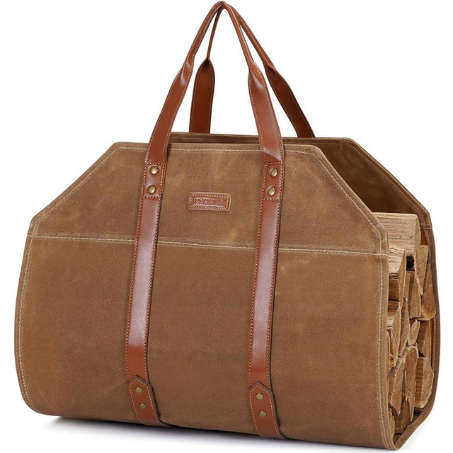 INNO STAGE Log Carrier|Waxed Canvas Log Holder|Firewood Carrier Tote Bag|Fireplace Wood Stove Accessories-Khaki
