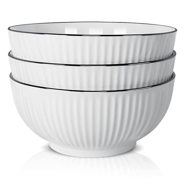 JDZTC Ceramic Salad Bowls 60 oz Large Ramen Soup Bowl for Noodle ste of 3 Embossed Vertical Stripes Serving Bowls for Pasta and Fruit for Kitchen Round white
